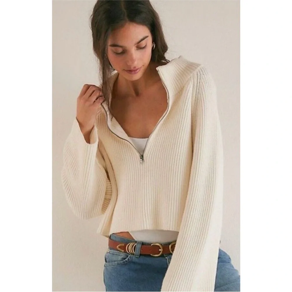 NEW Free People Sugar Ivory Greta Half Zip Pullover Sweater Sz XL NWOT